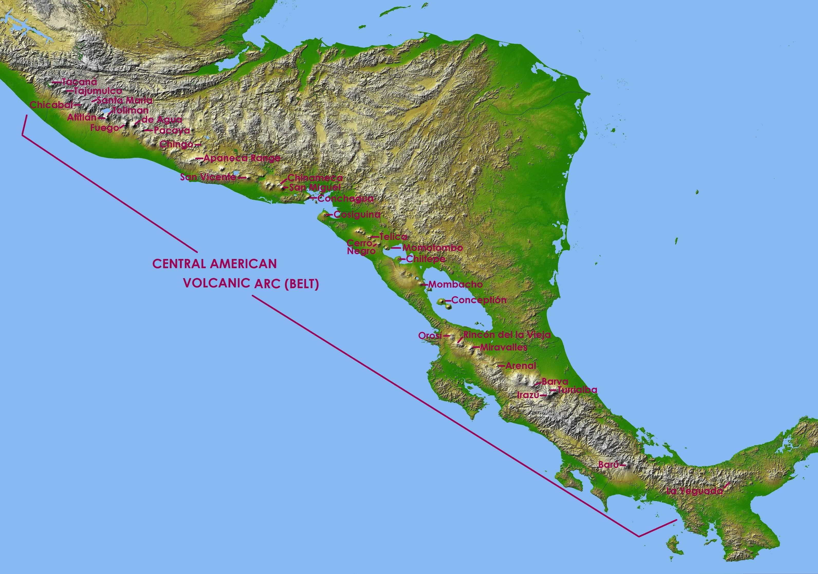 Map of the Central American Volcanic Arc with some of the main volcanoes.