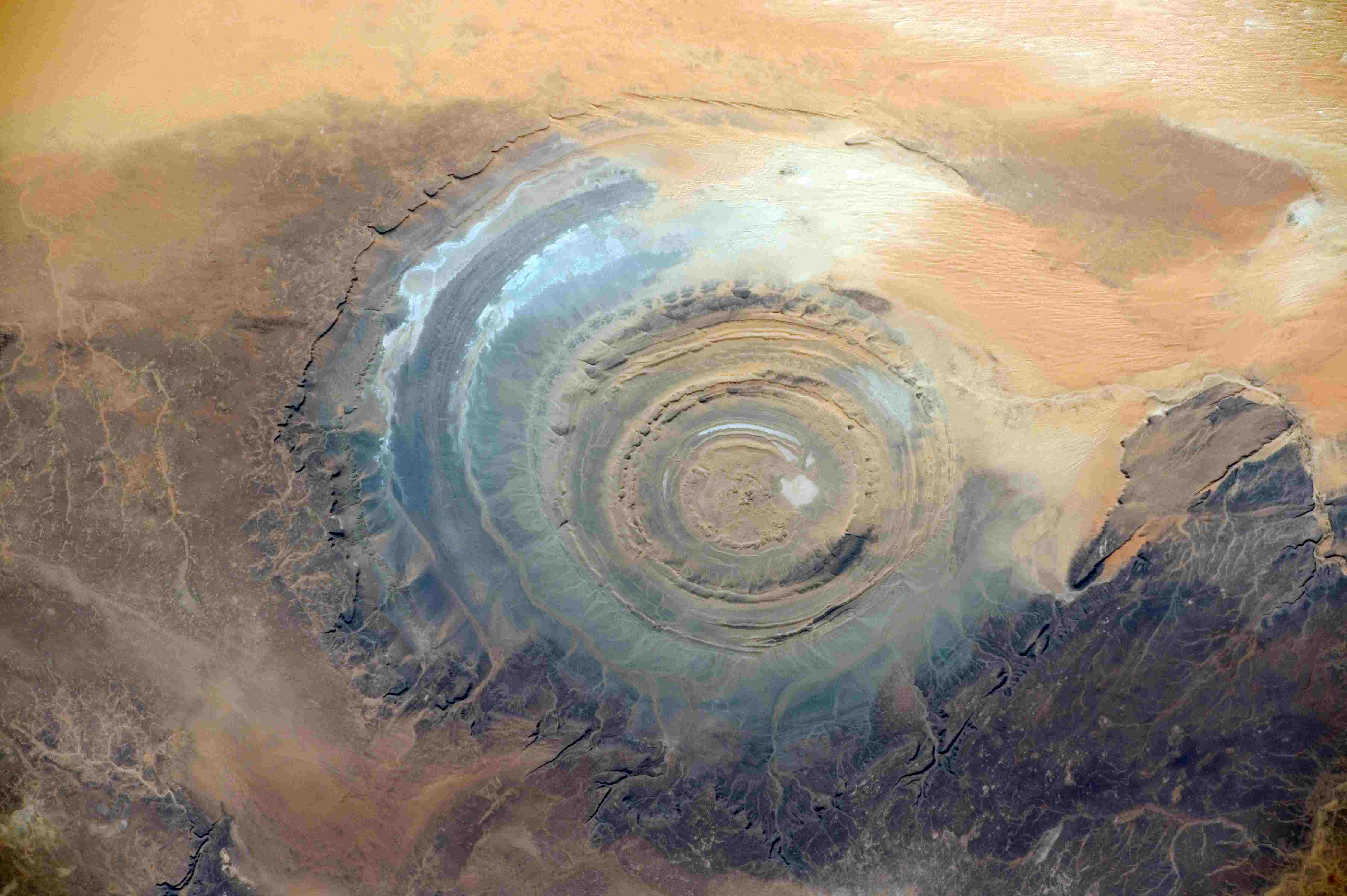The Eye of the Sahara or Richat Structure photographed from the International Space Station.