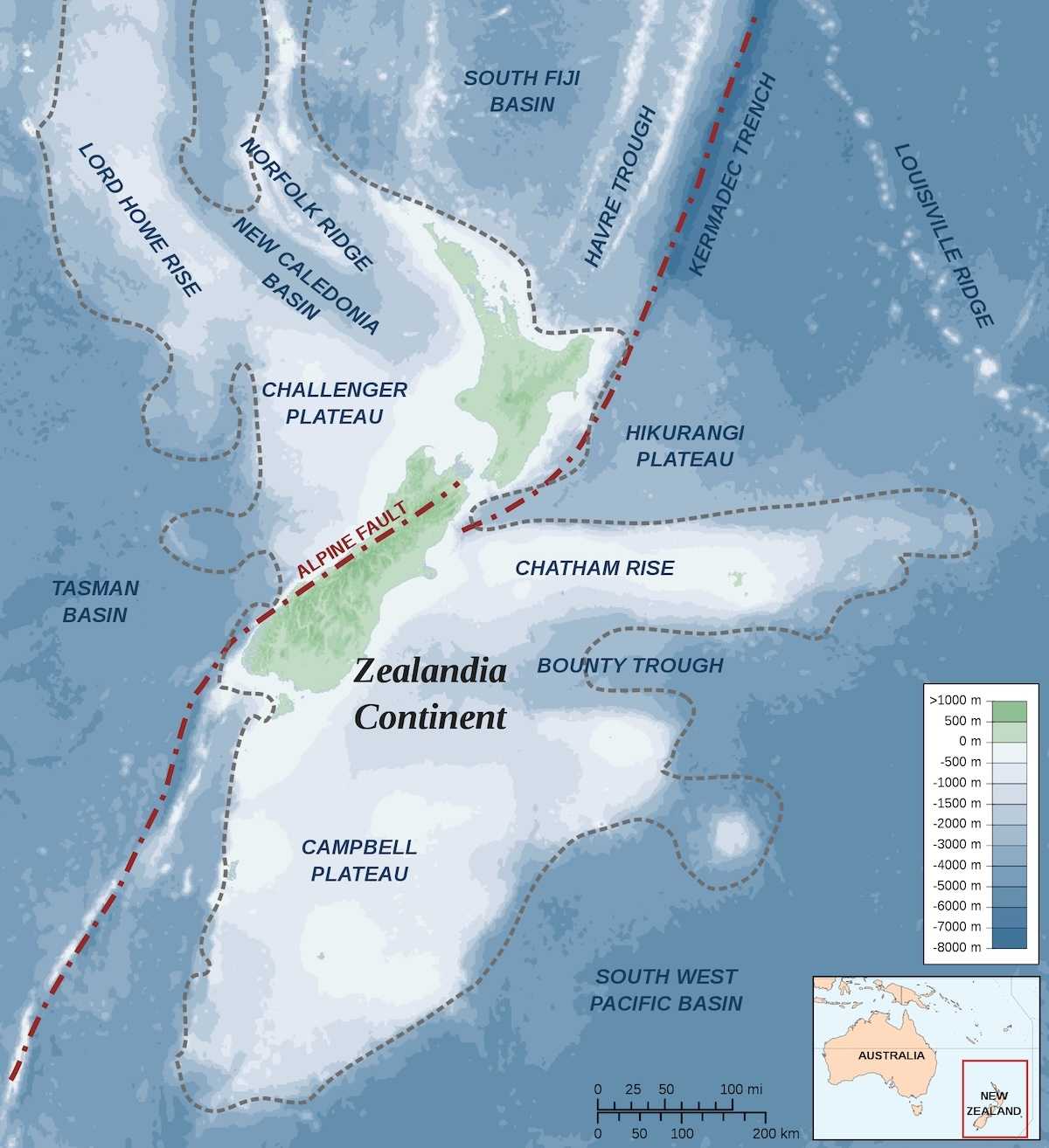 Map of the southern part of Zealandia showing the Alpine Fault.
