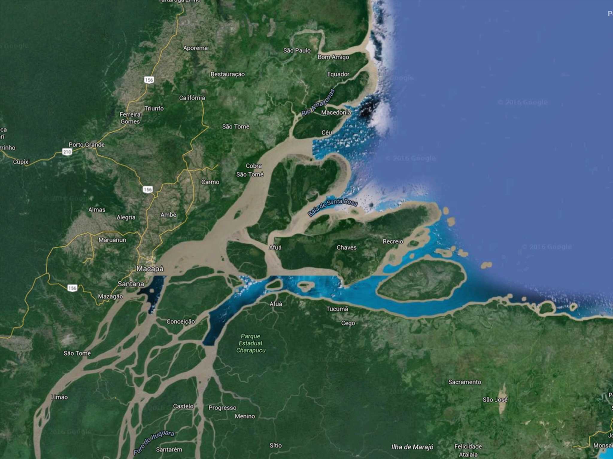 Scientists have discovered an enormous coral reef at the mouth of the Amazon River in Brazil (Google Earth).