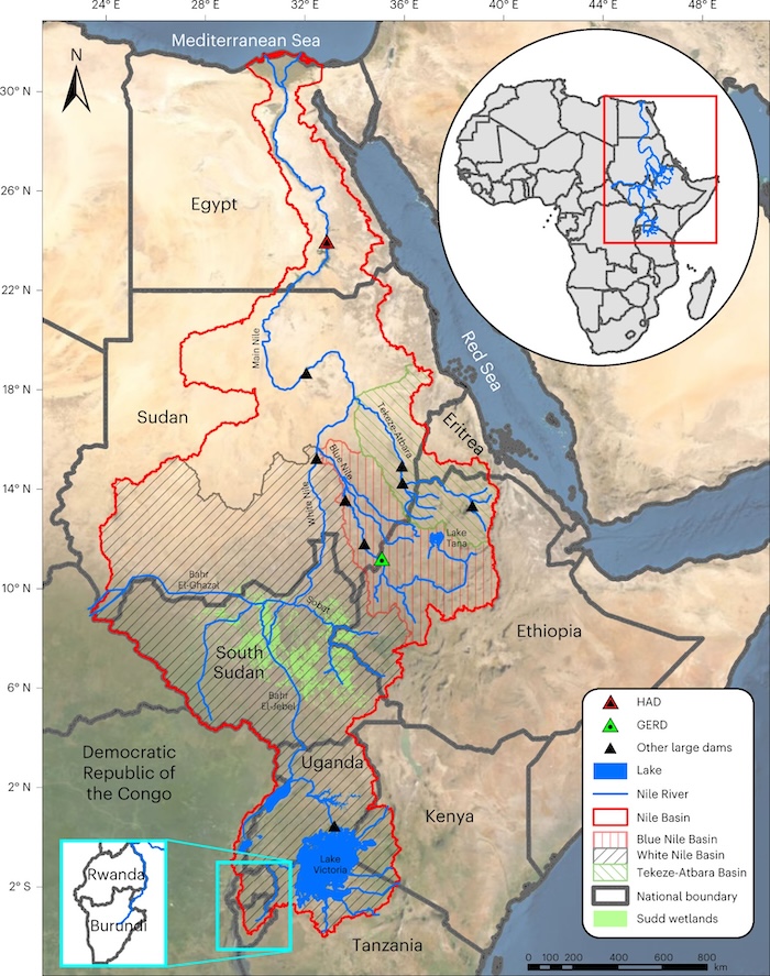 The map shows the extents of the basins of the three main tributaries of the Nile: the Blue Nile, the White Nile and the Tekeze-Atbara.