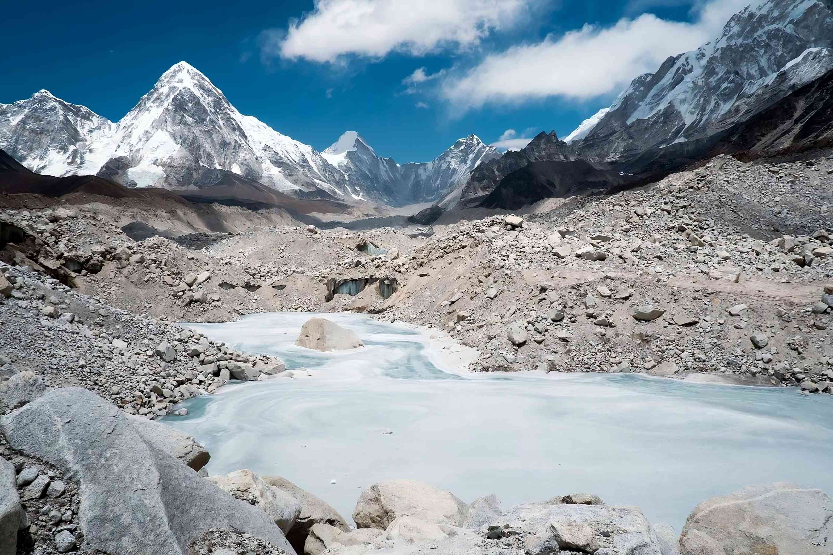 Frozen pond on the Khumbu Glacier, near Mount Everest, Himalayas, Nepal.