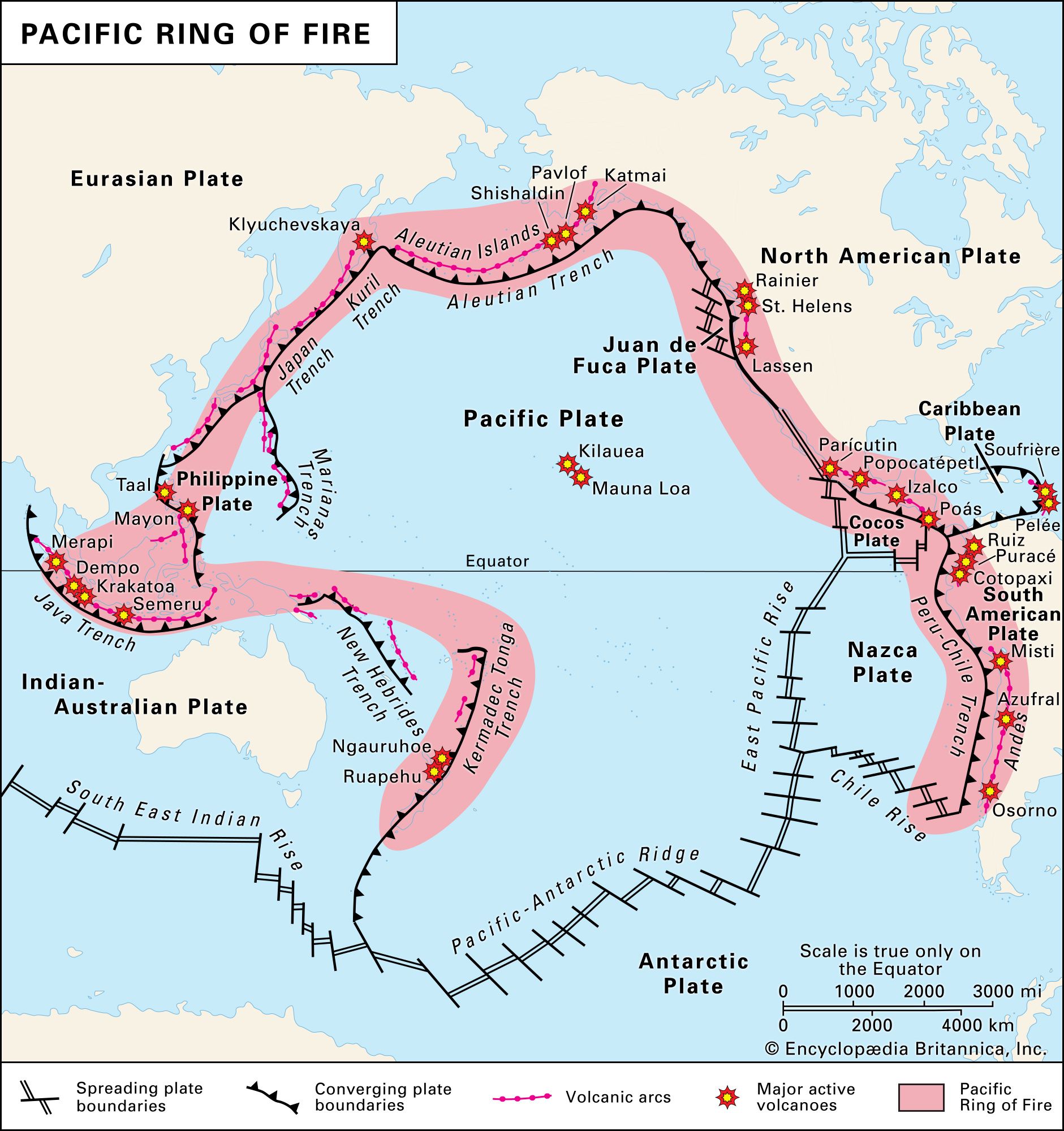 Ring of Fire, the belt of active volcanoes, volcanic arcs, and tectonic plate boundaries that frame the Pacific Ocean.
