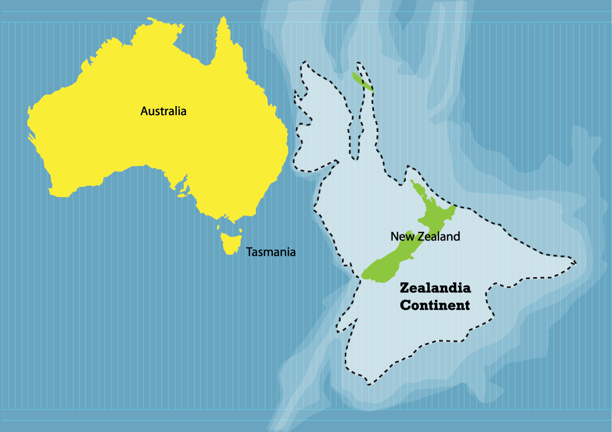 Zealandia continental fragment also known as New Zealand continent or Tasmantis near Australia. 