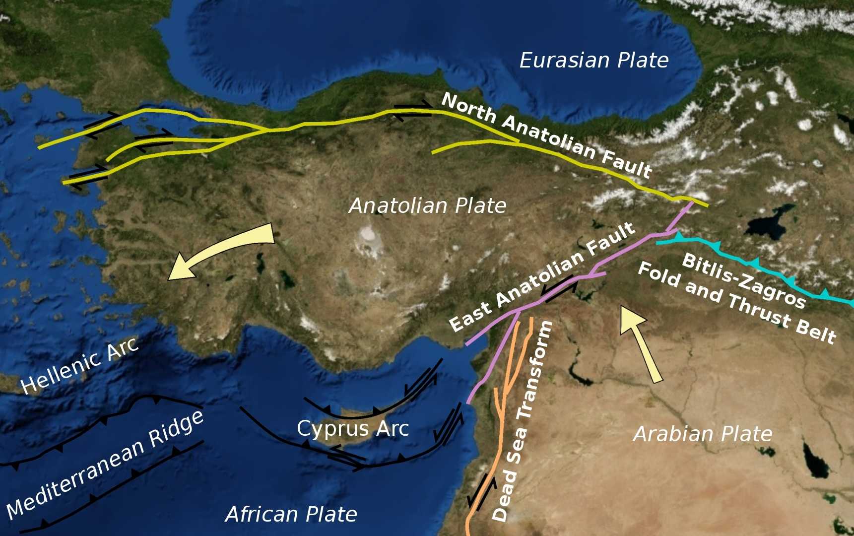 The North Anatolian and neighbouring faults covering most of Turkey
