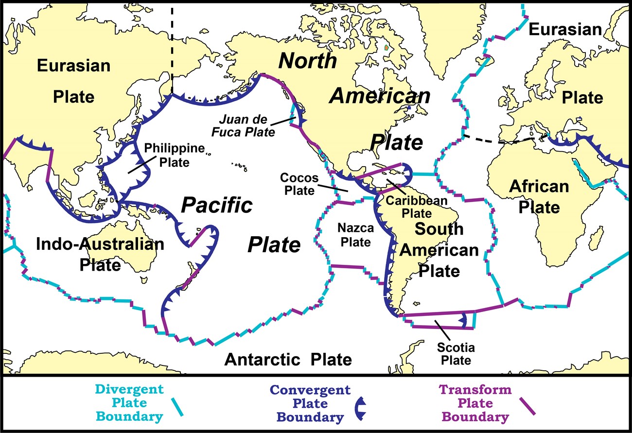 Earth’s outer shell is broken into tectonic plates that move relative to one another. The plates rip apart at divergent plate boundaries, crash together at convergent plate boundaries, and slide past each other at transform plate boundaries.
