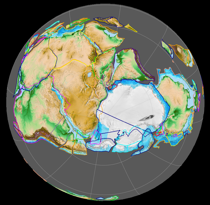 Gondwana 420 million years ago (late Silurian). View centred on the South Pole.