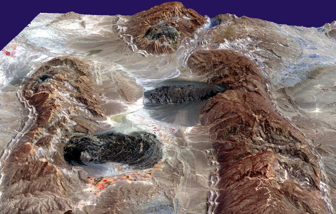 Three-dimensional satellite image of salt domes in the Zagros: two dark structures can be seen spreading out, like "salt glaciers".