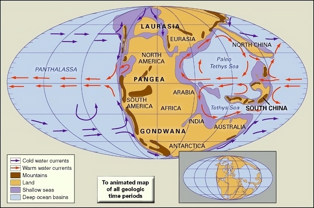 Paleogeography and paleoceanography of Early Triassic time. The present-day coastlines and tectonic boundaries of the configured continents are shown in the inset at the lower right.
