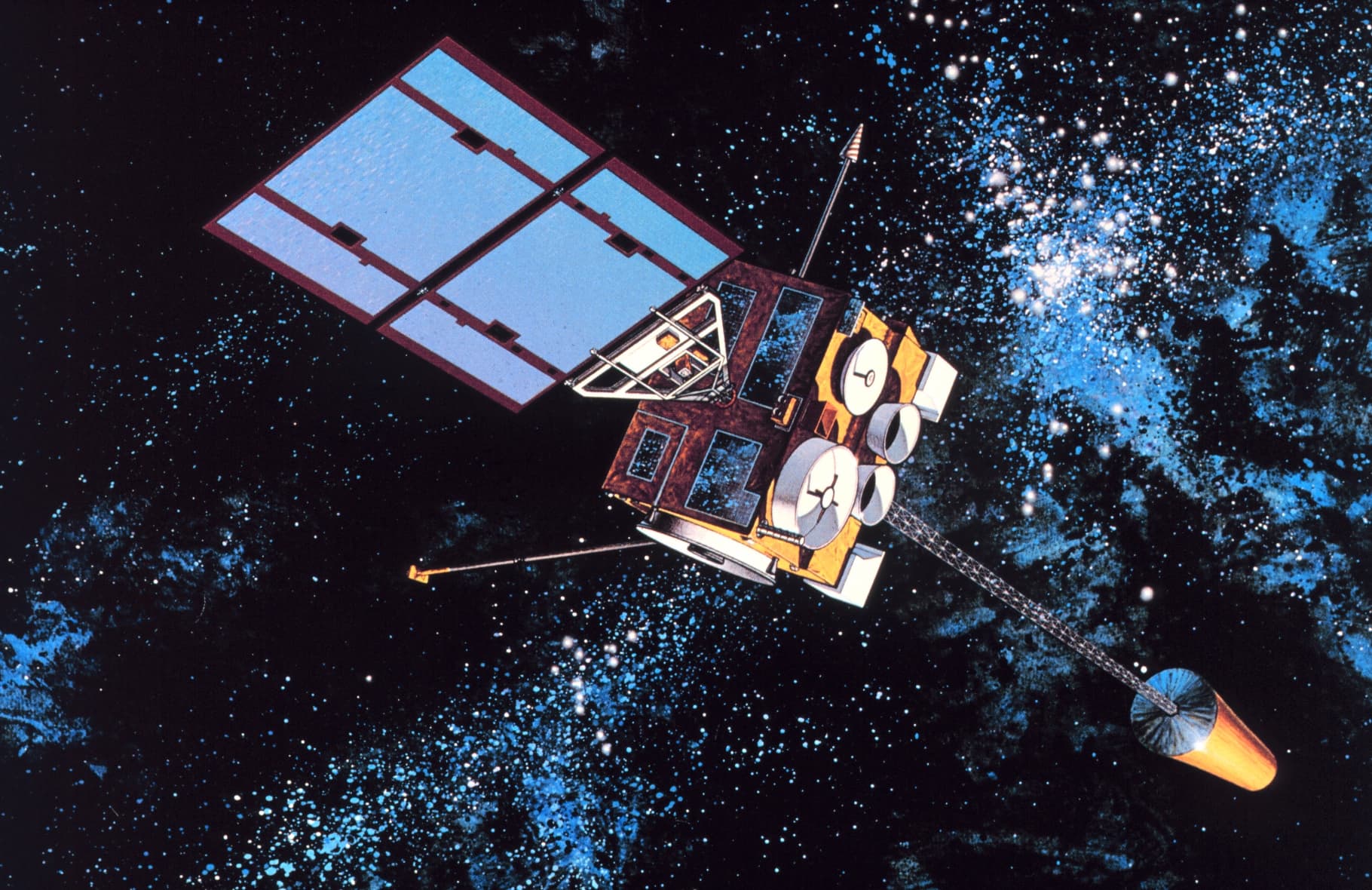 Graphic of GOES-I, the first of the GOES-NEXT spacecraft became GOES 8 after a successful launch on April 13, 1994.