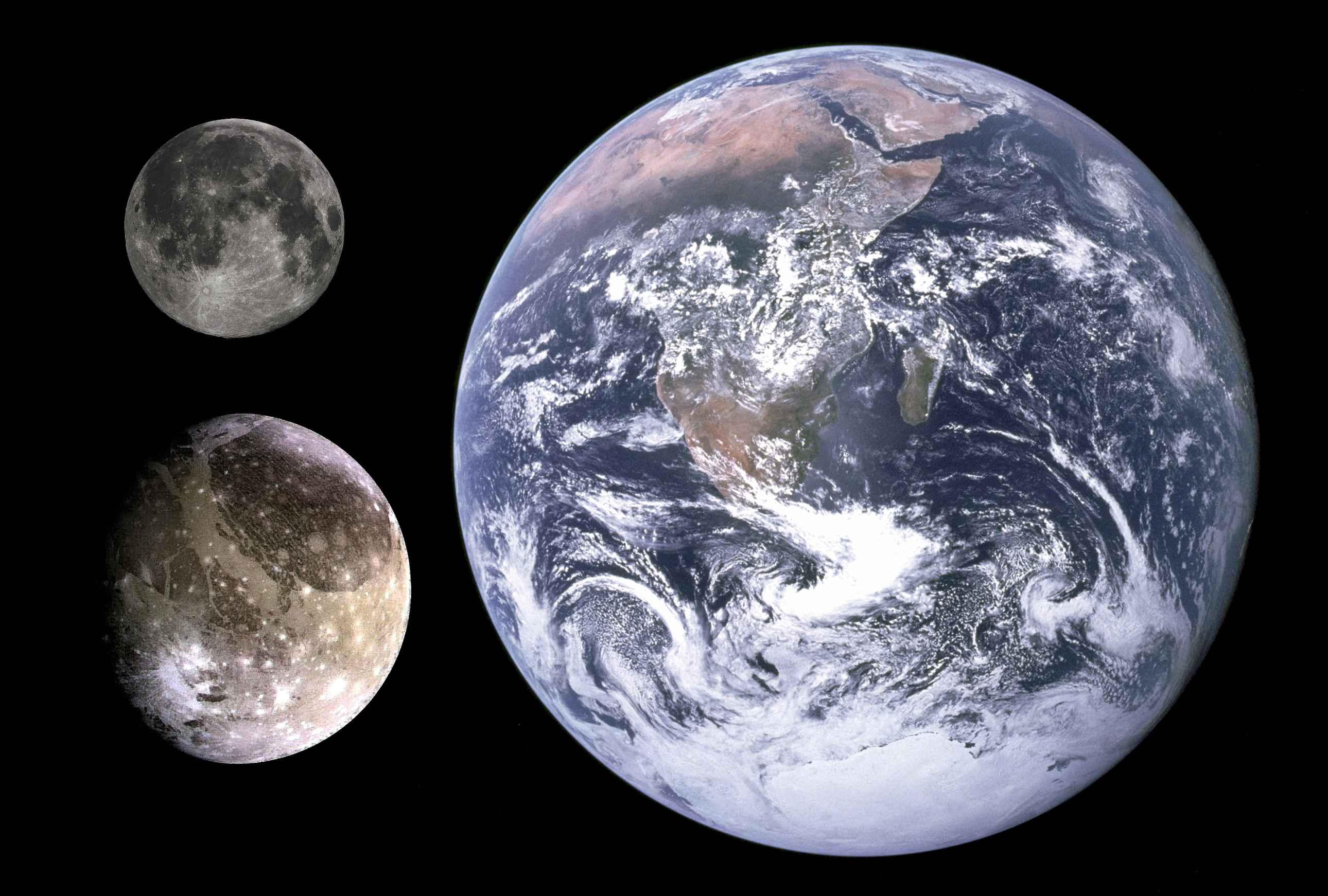 Size comparison of Earth, the Moon (top left), and Ganymede (bottom left).