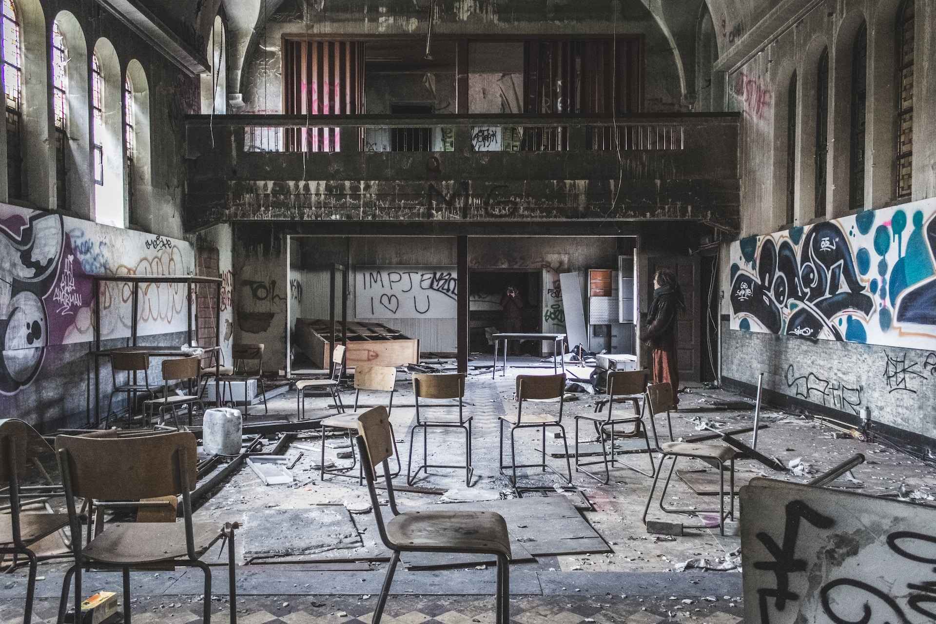 This picture was taken in a delipidated boarding school in the Belgian ghost town of Doel. Aftermath of Human Extinction on Earth