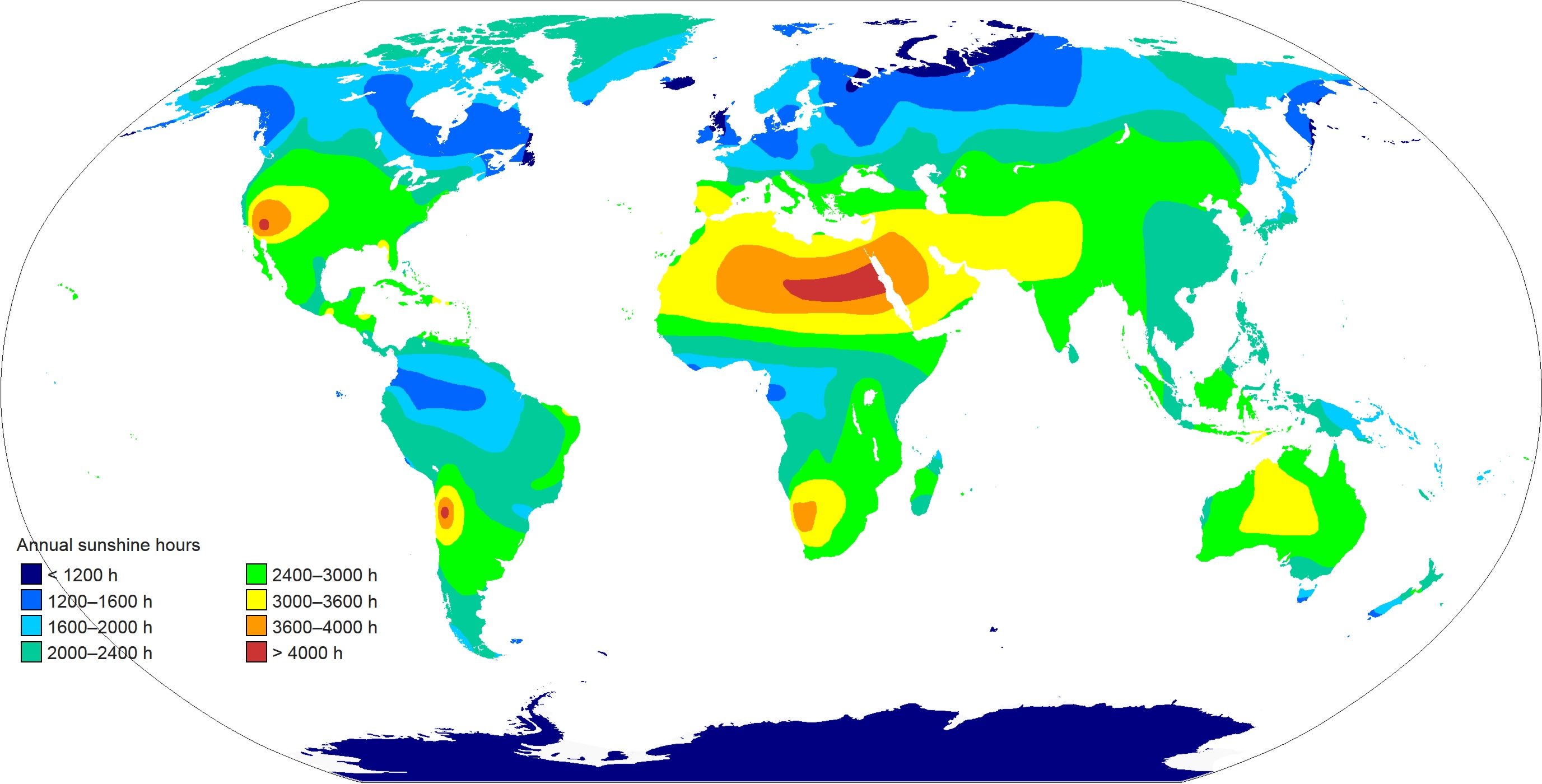 Average sunshine hours map of the world