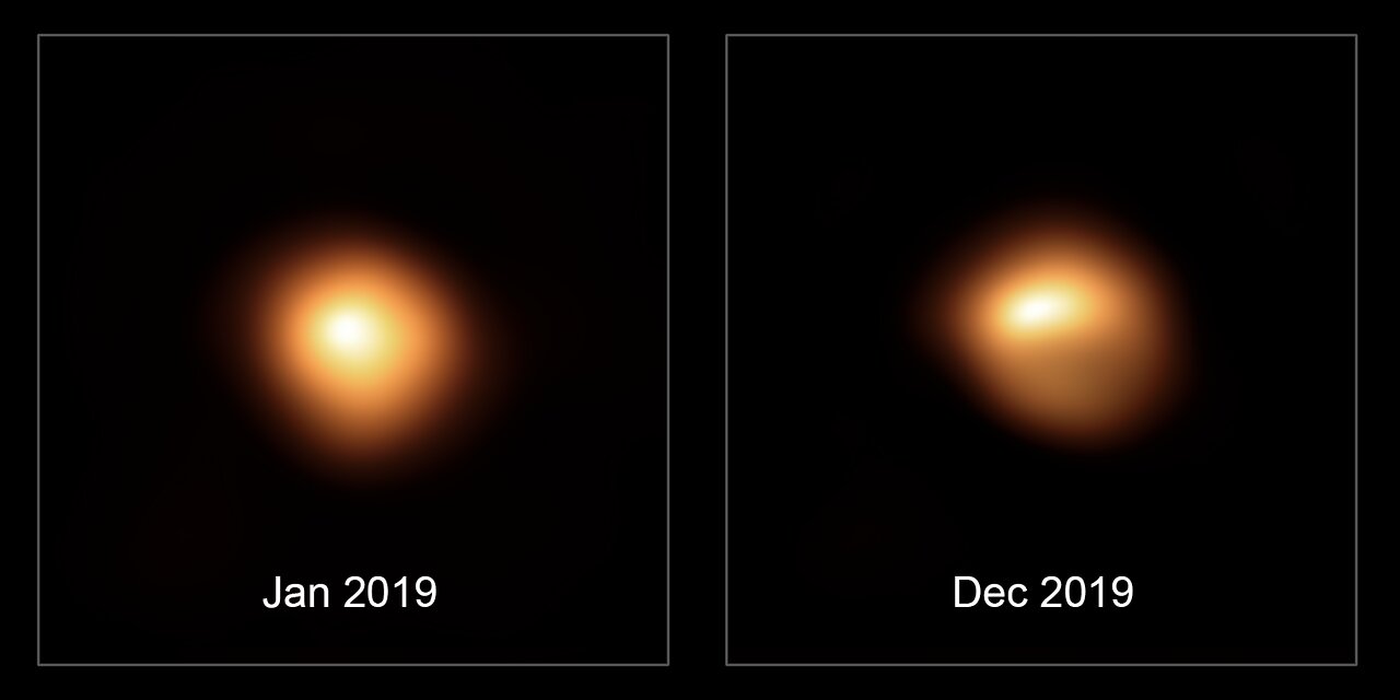Comparison of VLT-SPHERE images of Betelgeuse taken in January 2019 and December 2019, showing the changes in brightness and shape. Betelgeuse is an intrinsically variable star.