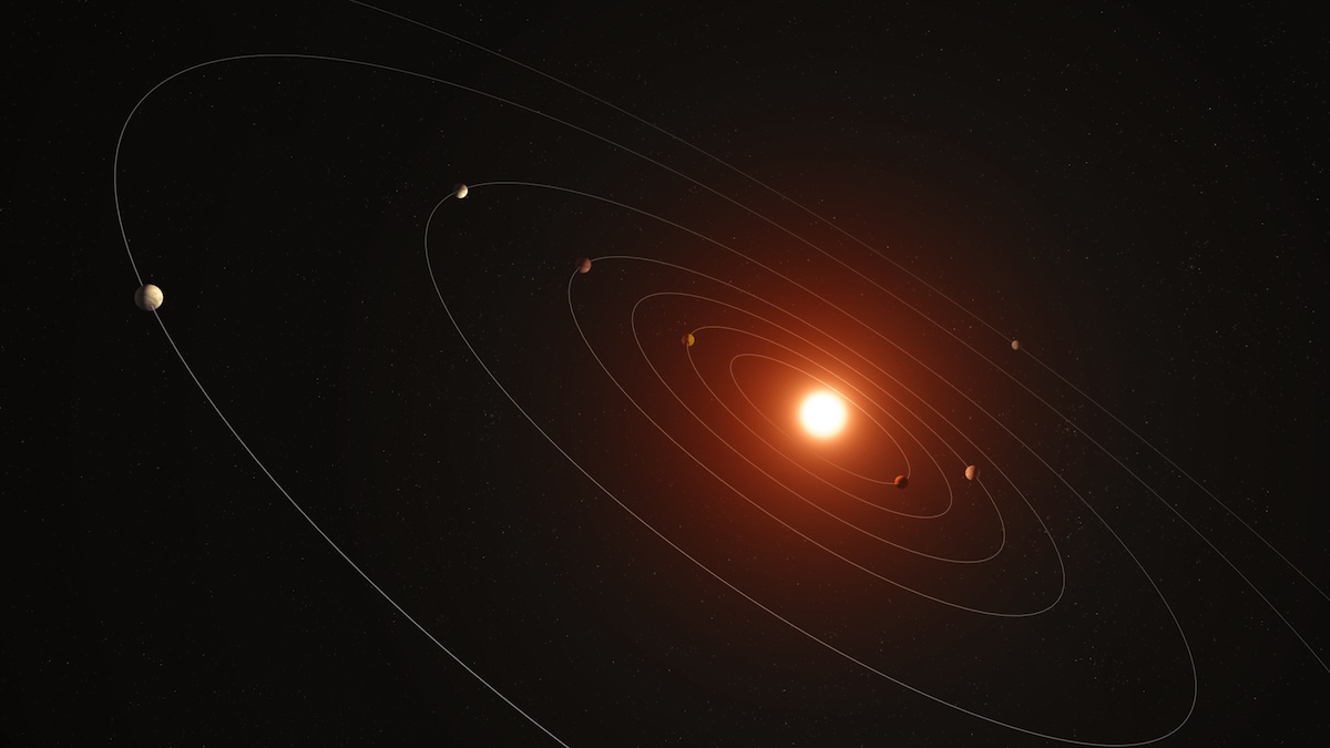 Artist’s concept of Kepler-385, the seven-planet system revealed in a new catalog of planet candidates discovered by NASA’s Kepler space telescope.