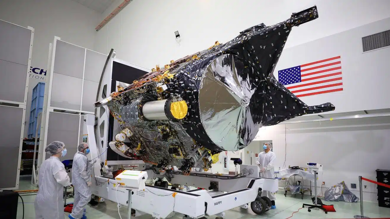 The Psyche spacecraft in a clean room at NASA's Astrotech Space Operations facility