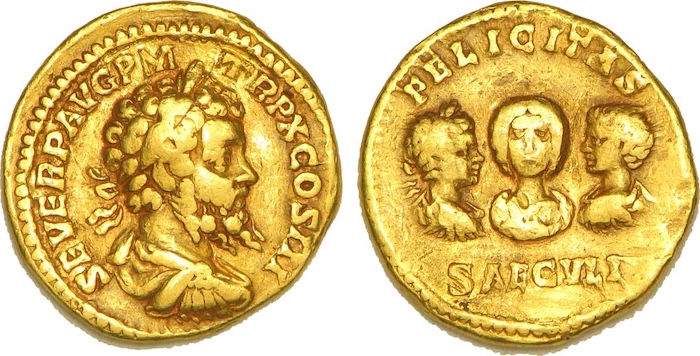 Aureus à l'effigie de Septime Sévère, Julia Domna, Caracalla et Géta.