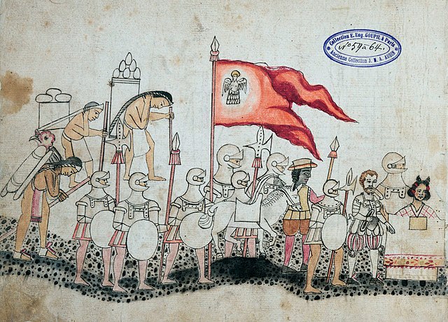 Conquistadors et porteurs indigènes dans le Codex Azcatitlan.