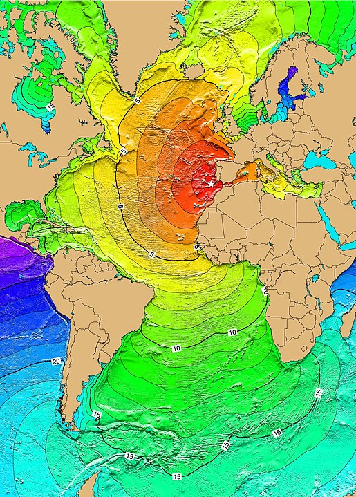 Calculs du temps mis par les tsunamis à travers l'Atlantique le 1er novembre 1755.