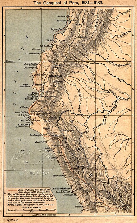 L'itinéraire de la conquête de l'empire inca par Pizarro et ses conquistadors.