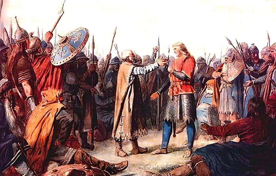 L'élection d'Olaf Tryggvason (en tunique rouge) au titre de roi de Norvège, peinture de Peter Nicolai Arbo. 