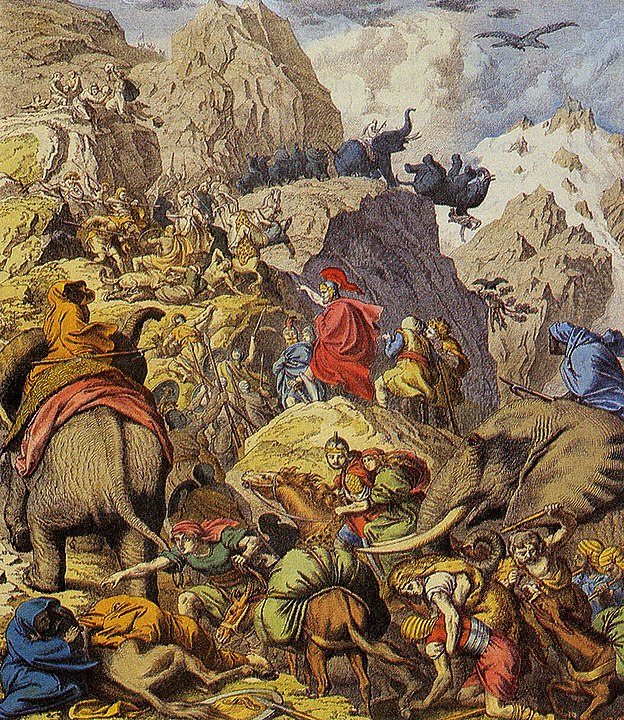 Représentation de la traversée des Alpes par Hannibal, avec son armée et ses éléphants.