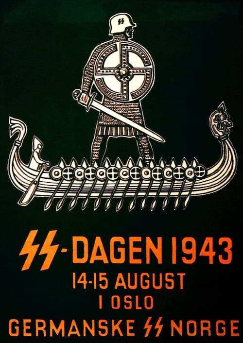 Affiche de propagande de la Waffen-SS pour le recrutement d'hommes norvégiens pendant l'occupation nazie de la Norvège, 1943.